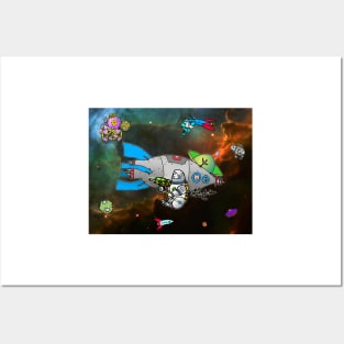 Astro Bunny adventure in outer space with spaceships and bunny astronaut Posters and Art